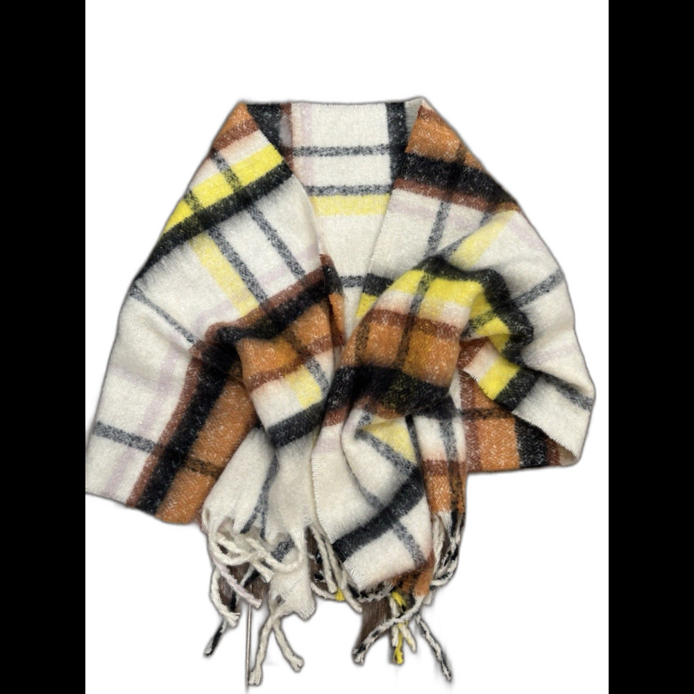 Arie Women’s One Size Wrap Tan, Yellow, Black Plaid With Fringe Lagen Look EUC